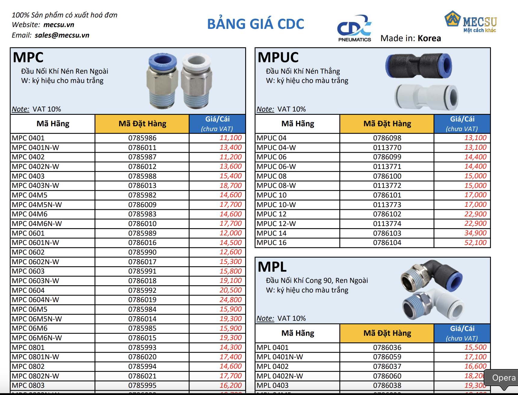 Bảng Giá Đầu Nối Khí Nén CDC 2025 Mới Nhất | File Tải PDF