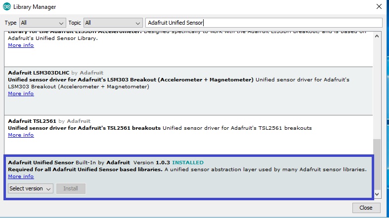 Adafruit unified sensor library install