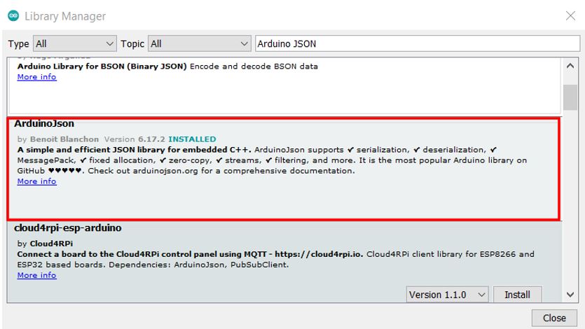 Cài đặt thư viện ArduinoJSON phiên bản 6.17.2
