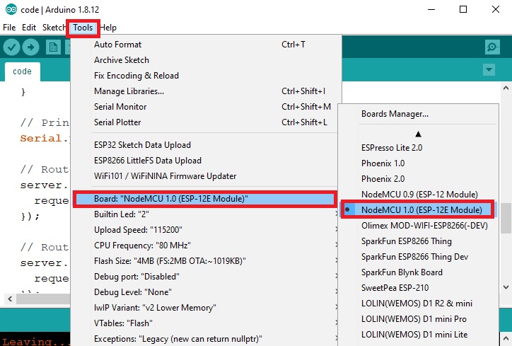 chọn bảng ESP8266 NodeMCU