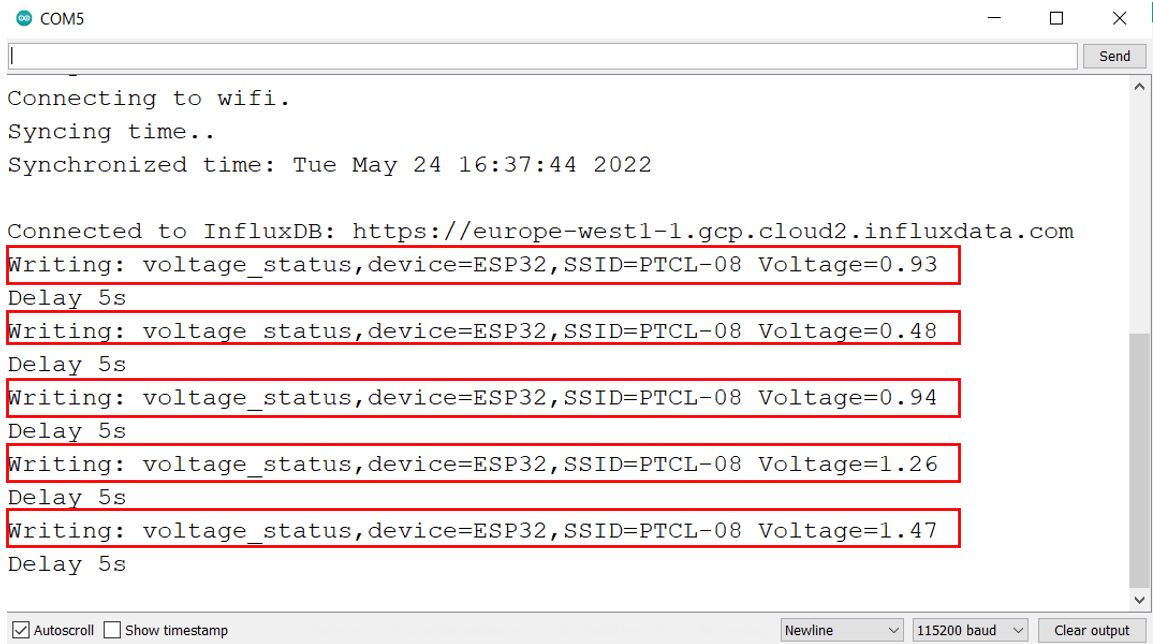 ESP32 Gửi dữ liệu trong InfluxDB Voltage Readings demo màn hình nối tiếp