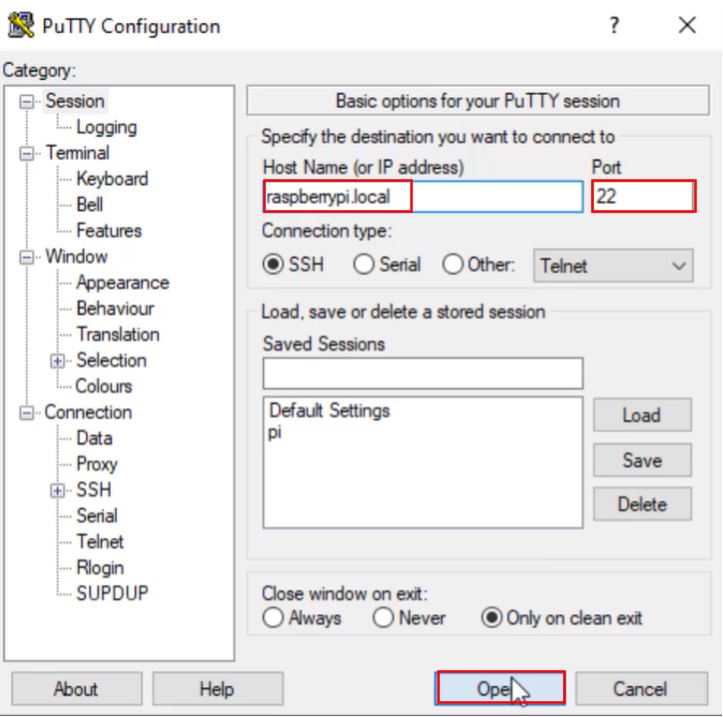 SSH vào RPi Putty Hình ảnh cấu hình