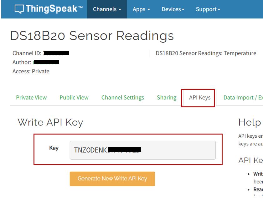 thingspeak tạo khóa API kênh mới DS18B20