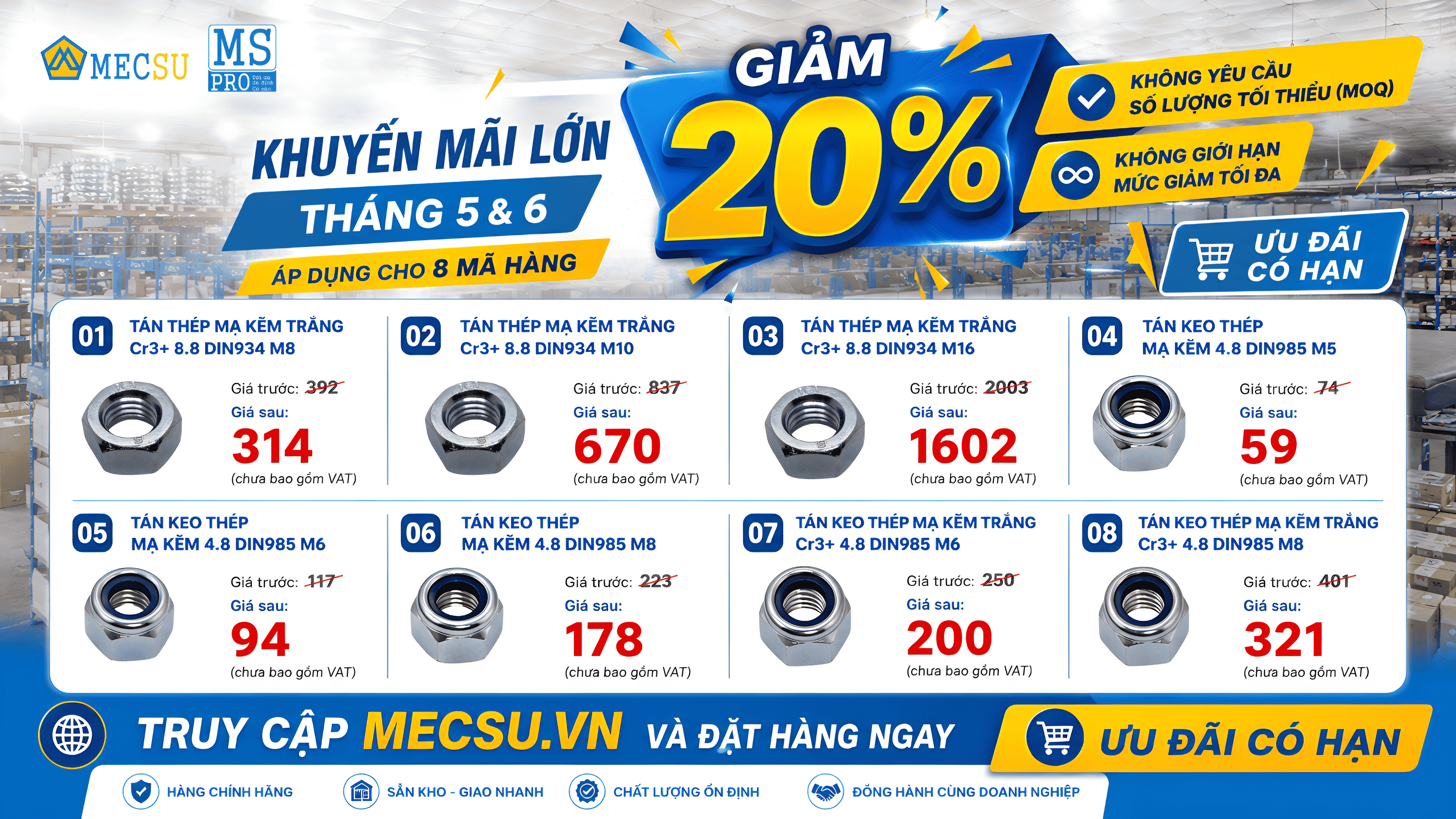 [SIÊU ƯU ĐÃI THÁNG 5 & 6] Giảm 20% Tán Xi DIN934 & Tán Keo DIN985 - Mecsu